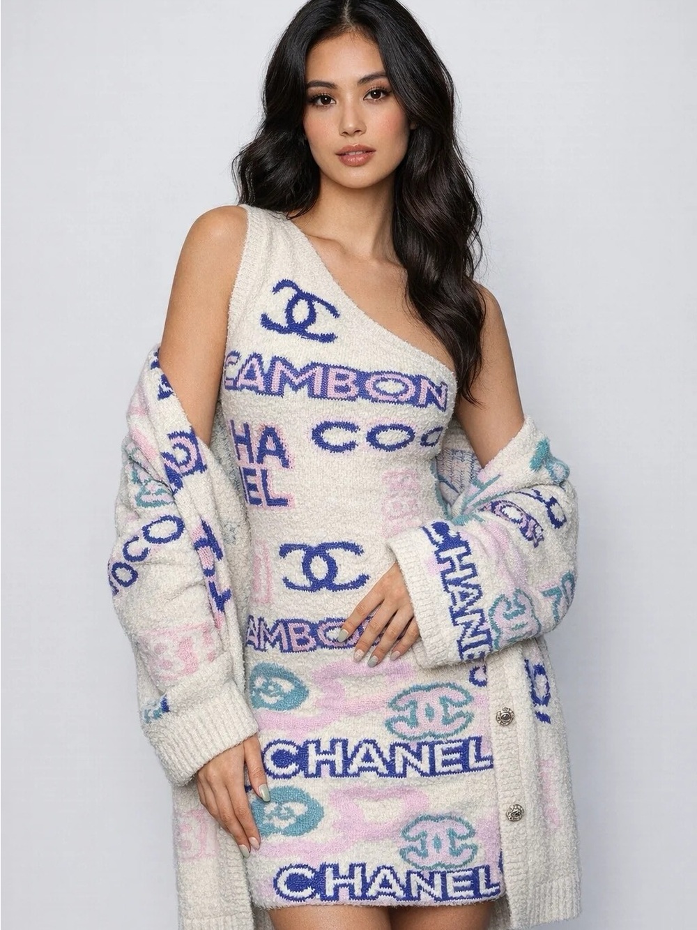 CHANEL Cream One-Shoulder Logo Knit Mini Dress with Blue and Pastel Accents